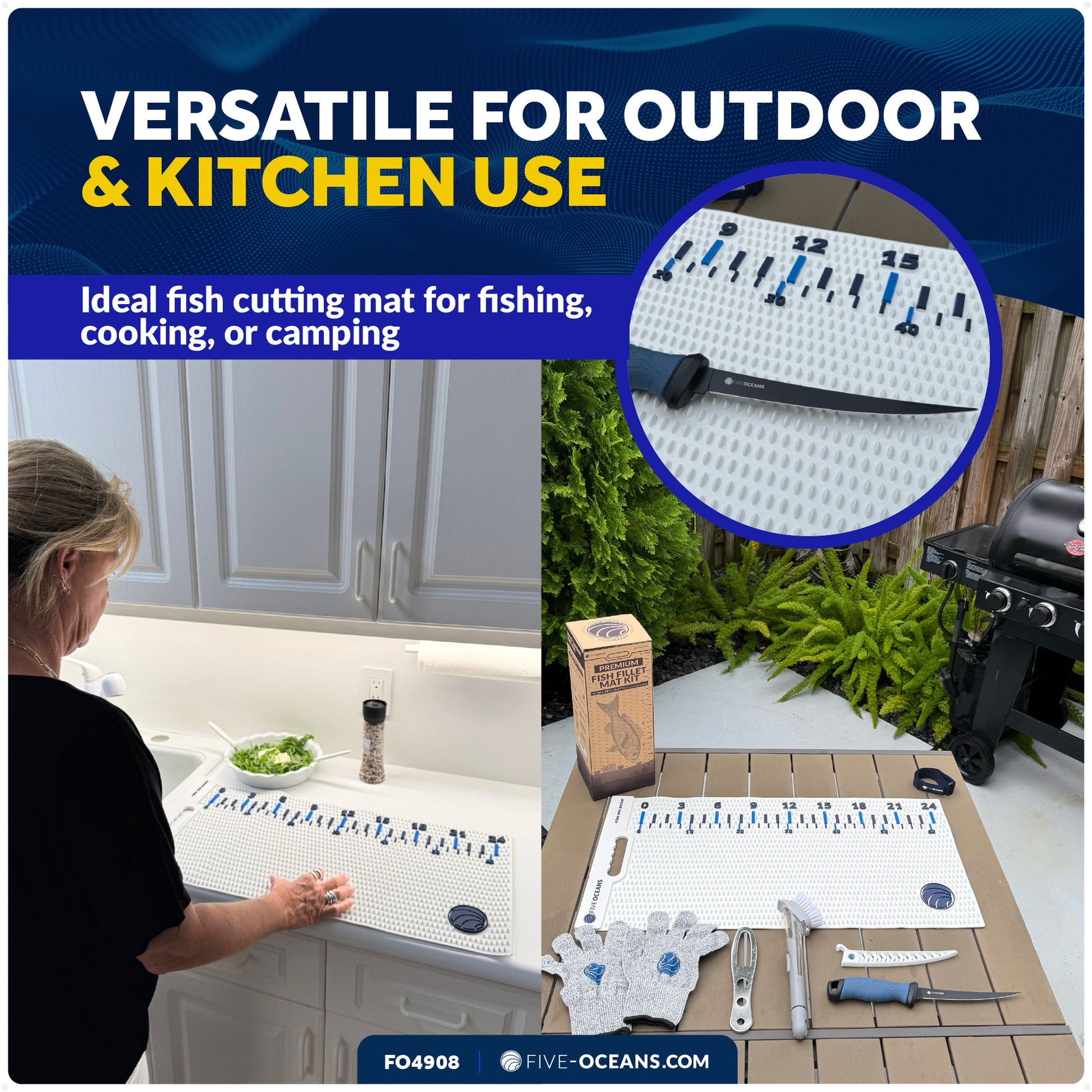 Fish fillet mat used at an outdoor fishing cleaning table