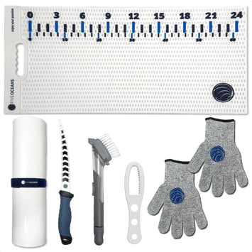 Fish Fillet Mat Kit 28" x 14", White with Fish Knife, Fishing Gloves, Fish Scaling Tool & Soup Scrubbing Brush - FO4908