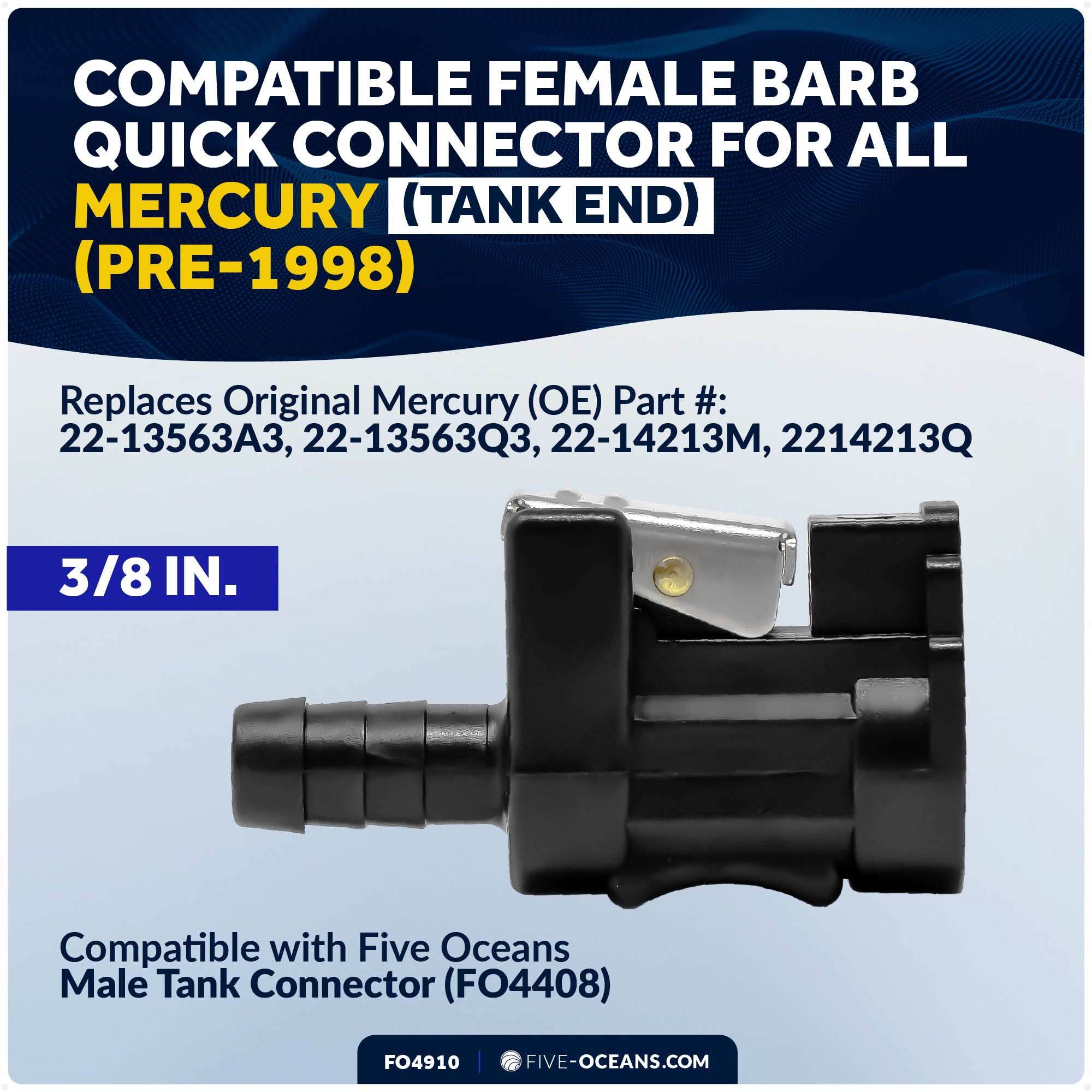 Mercury 3/8" Barb Female Fuel Line Connector, Fits All Engine End and Tank End Male Fitting (Pre-1998) - FO4910