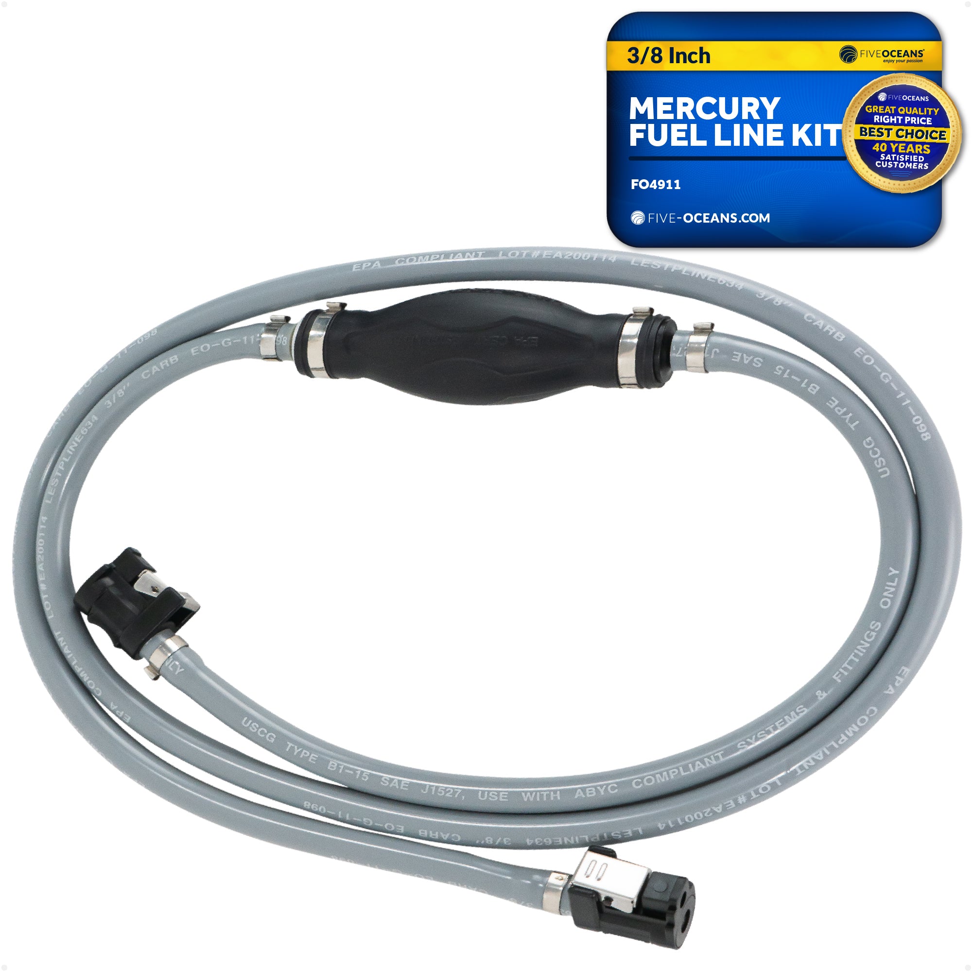 Mercury Marine Boat Fuel Line Kit, 3/8-Inch x 6-Foot, EPA/CARB Approved, Leakproof, Outboard Fuel Line for All Mercury Engine End and Tank End Male Fitting (Pre-1998) - FO4911