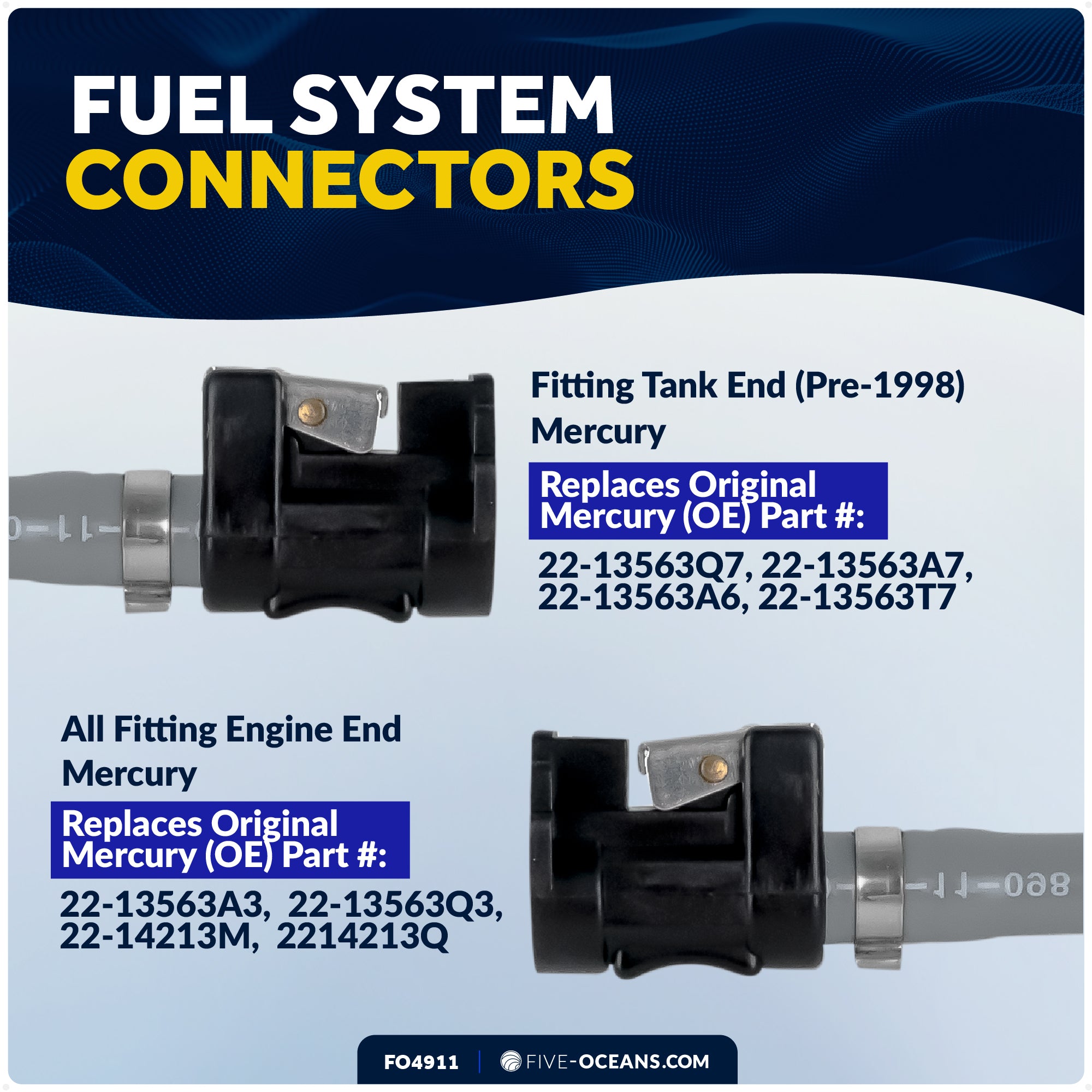 Mercury Marine Boat Fuel Line Kit, 3/8-Inch x 6-Foot, EPA/CARB Approved, Leakproof, Outboard Fuel Line for All Mercury Engine End and Tank End Male Fitting (Pre-1998) - FO4911 - Five Oceans