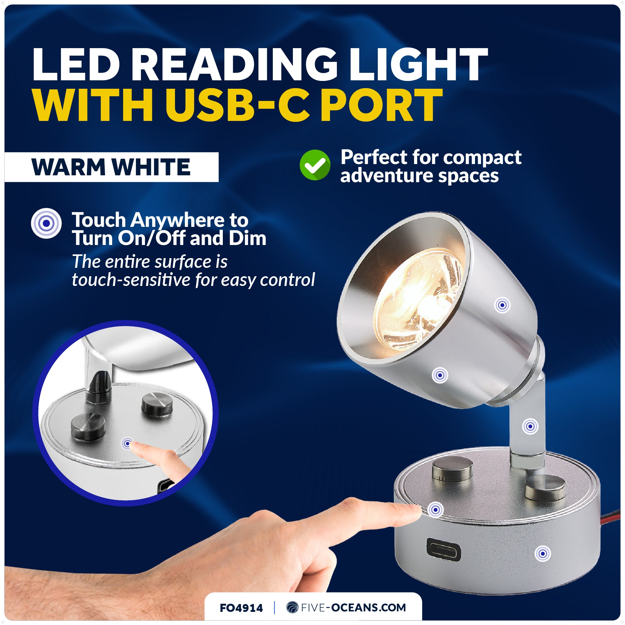 LED Reading Light with USB-C Port, Touch Dimmer, Warm White, Aluminum Housing, 200 LM, 10-28V DC - FO4914 - Five Oceans