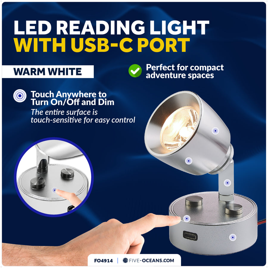 LED Reading Light with USB-C Port, Touch Dimmer, Warm White, Aluminum Housing, 200 LM, 10-28V DC - FO4914 - Five Oceans