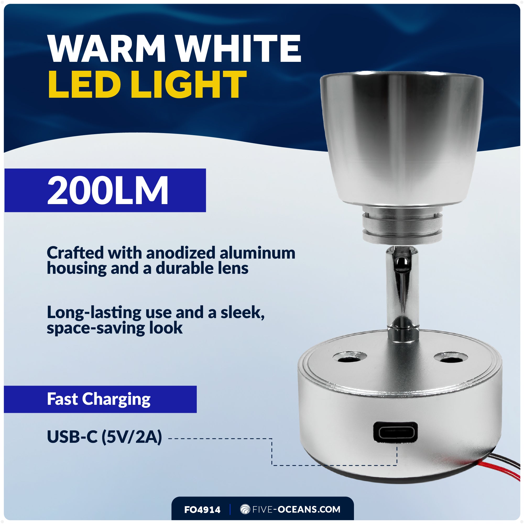 LED Reading Light with USB-C Port, Touch Dimmer, Warm White, Aluminum Housing, 200 LM, 10-28V DC - FO4914 - Five Oceans