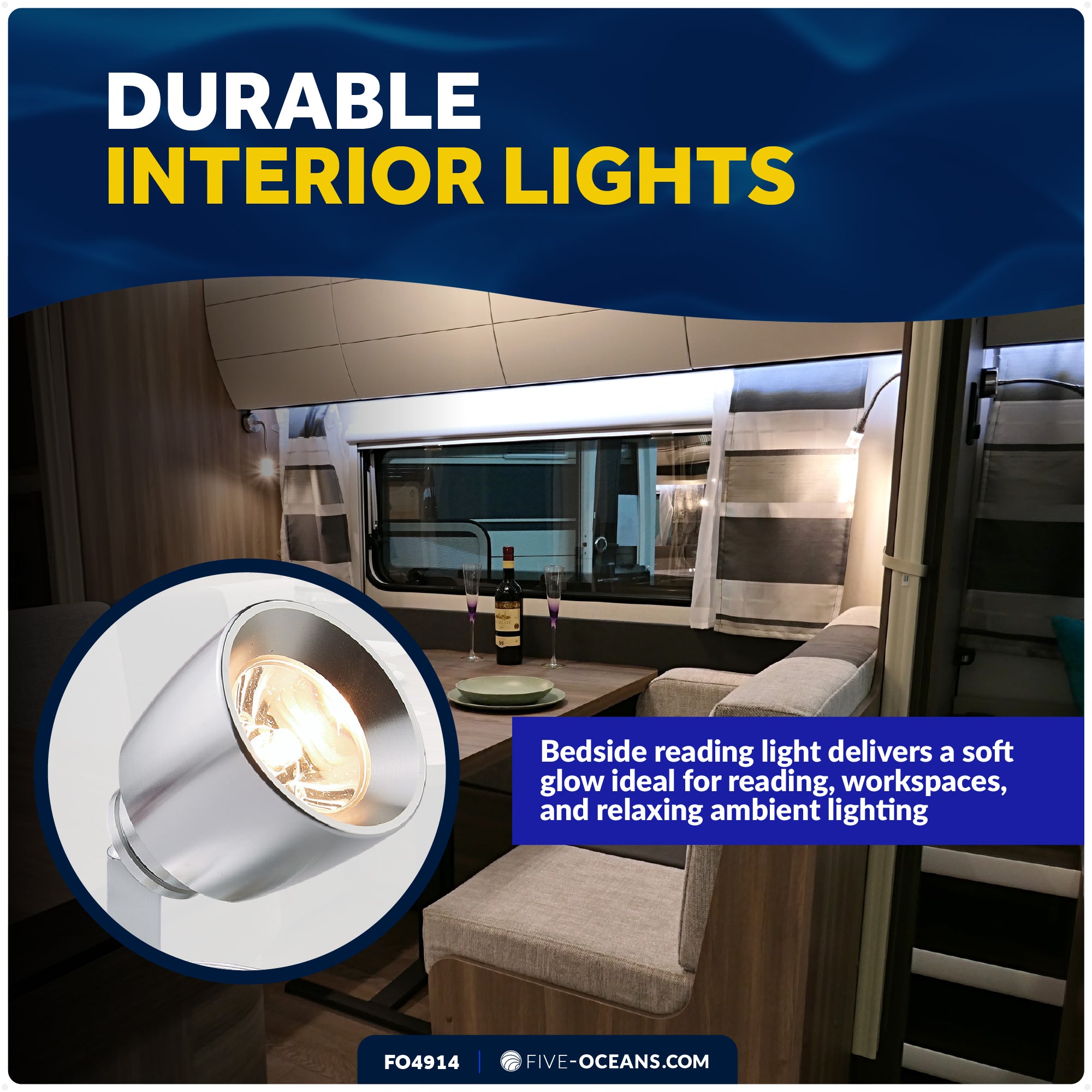 LED Reading Light with USB-C Port, Touch Dimmer, Warm White, Aluminum Housing, 200 LM, 10-28V DC - FO4914 - Five Oceans