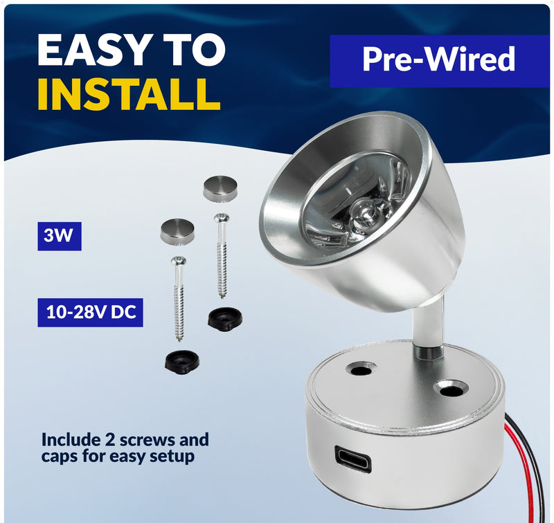 LED Reading Light with USB-C Port, Touch Dimmer, Aluminum Housing, 200 LM, 10-28V DC