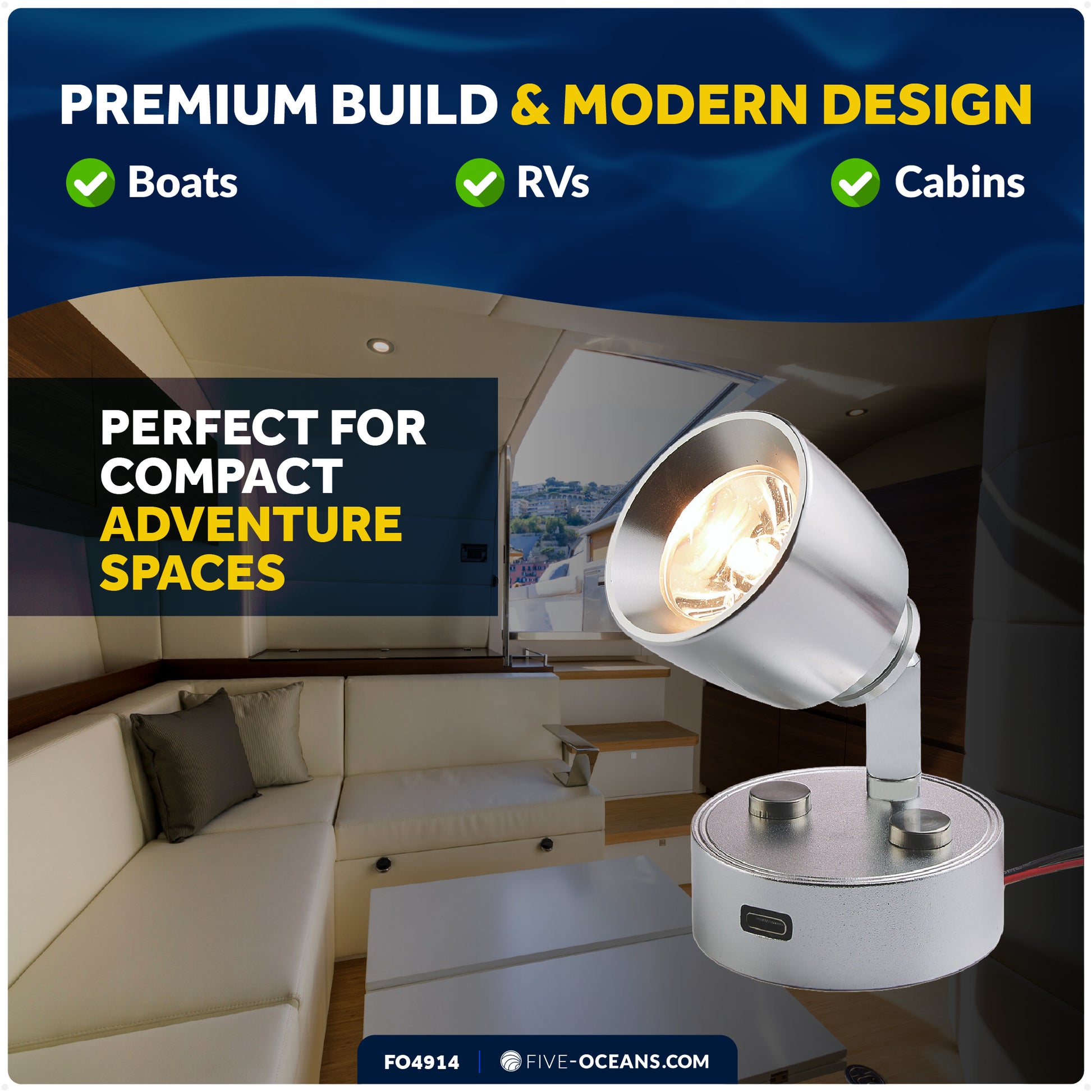 LED Reading Light with USB-C Port, Touch Dimmer, Warm White, Aluminum Housing, 200 LM, 10-28V DC - FO4914 - Five Oceans