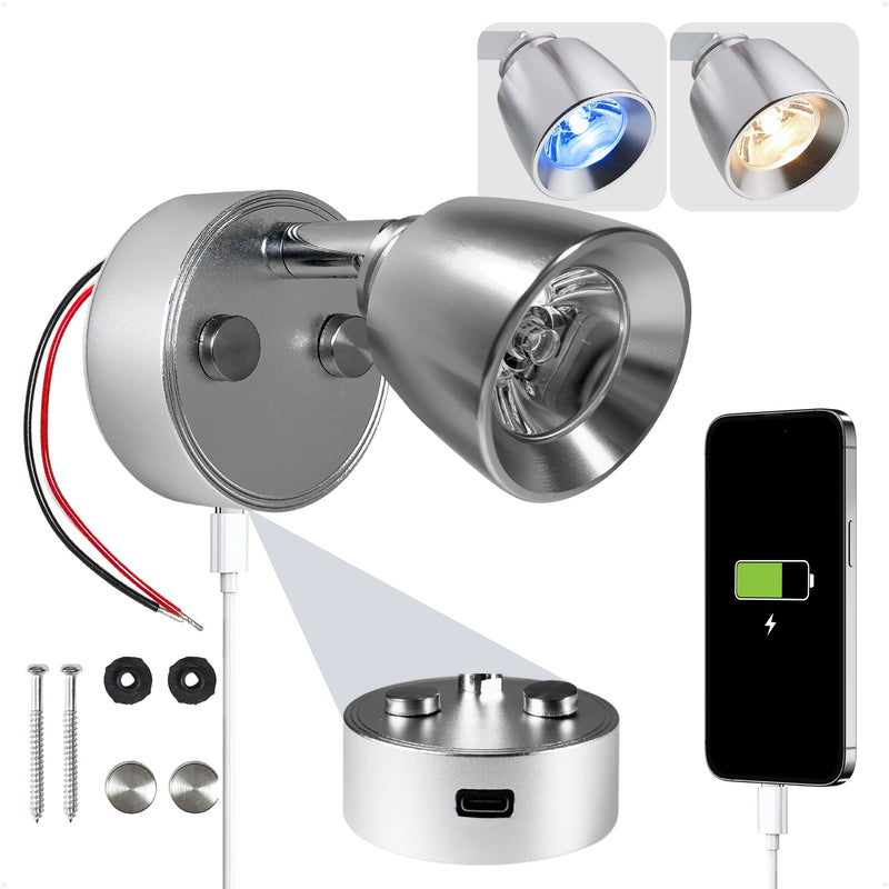 LED Reading Light with USB-C Port, Touch Dimmer, Warm White & Blue, Aluminum Housing, 200 LM, 10-28V DC