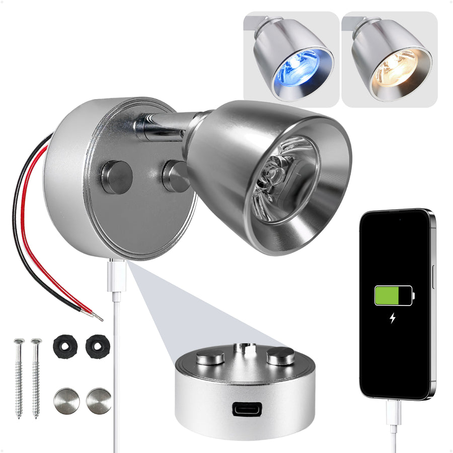 LED Reading Light with USB-C Port, Touch Dimmer, Warm White & Blue, Aluminum Housing, 200 LM, 10-28V DC