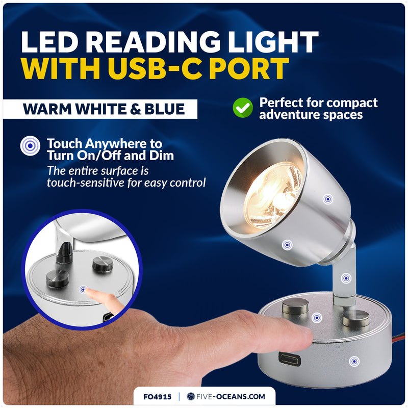 LED Reading Light with USB-C Port, Touch Dimmer, Warm White & Blue, Aluminum Housing, 200 LM, 10-28V DC