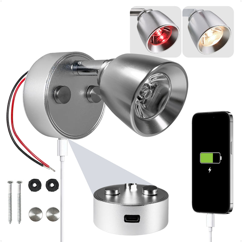 LED Reading Light with USB-C Port, Touch Dimmer, Warm White & Red, Aluminum Housing, 200 LM, 10-28V DC