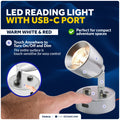 LED Reading Light with USB-C Port, Touch Dimmer, Warm White & Red, Aluminum Housing, 200 LM, 10-28V DC