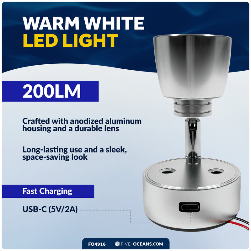 LED Reading Light with USB-C Port, Touch Dimmer, Warm White & Red, Aluminum Housing, 200 LM, 10-28V DC