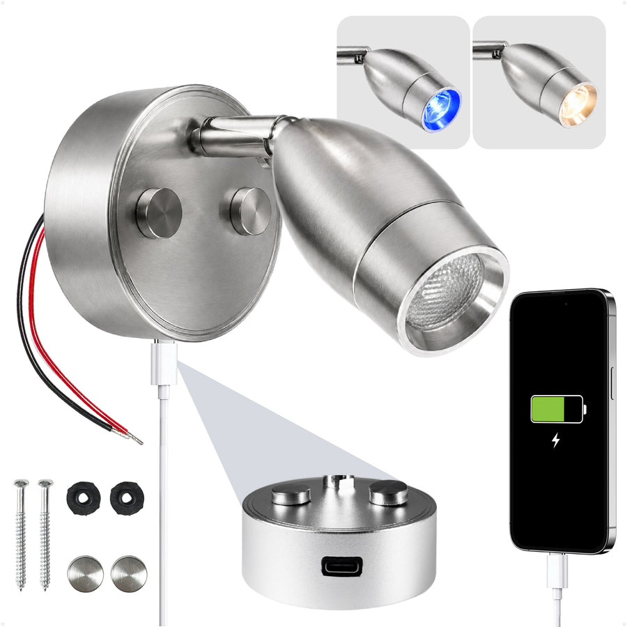 LED Reading Light with USB-C Port, Touch Dimmer, Warm White & Blue, Aluminum Housing, 200 LM, 10-28V DC