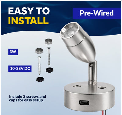 LED Reading Light with USB-C Port, Touch Dimmer, Aluminum Housing, 200 LM, 10-28V DC