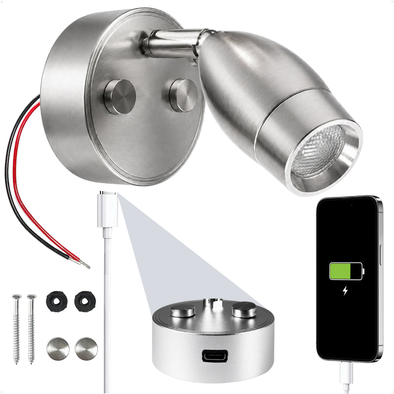 LED Reading Light with USB-C Port, Touch Dimmer, Warm White & Blue, Aluminum Housing, 200 LM, 10-28V DC