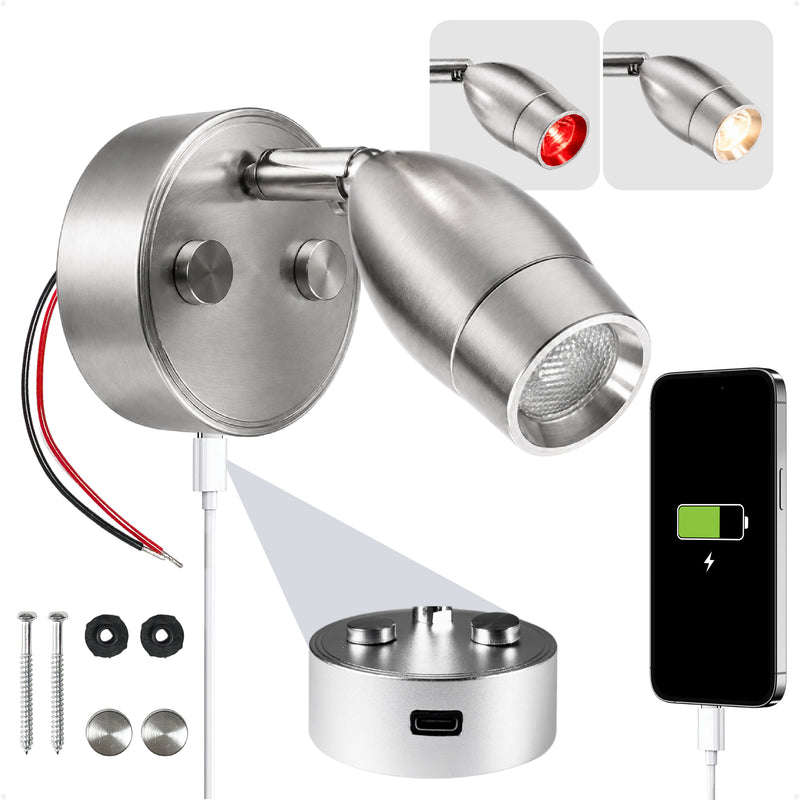 LED Reading Light with USB-C Port, Touch Dimmer, Warm White & Red, Aluminum Housing, 200 LM, 10-28V DC