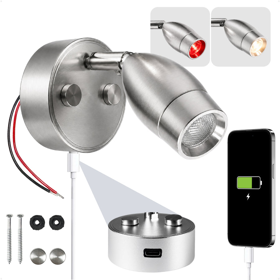 LED Reading Light with USB-C Port, Touch Dimmer, Warm White & Red, Aluminum Housing, 200 LM, 10-28V DC