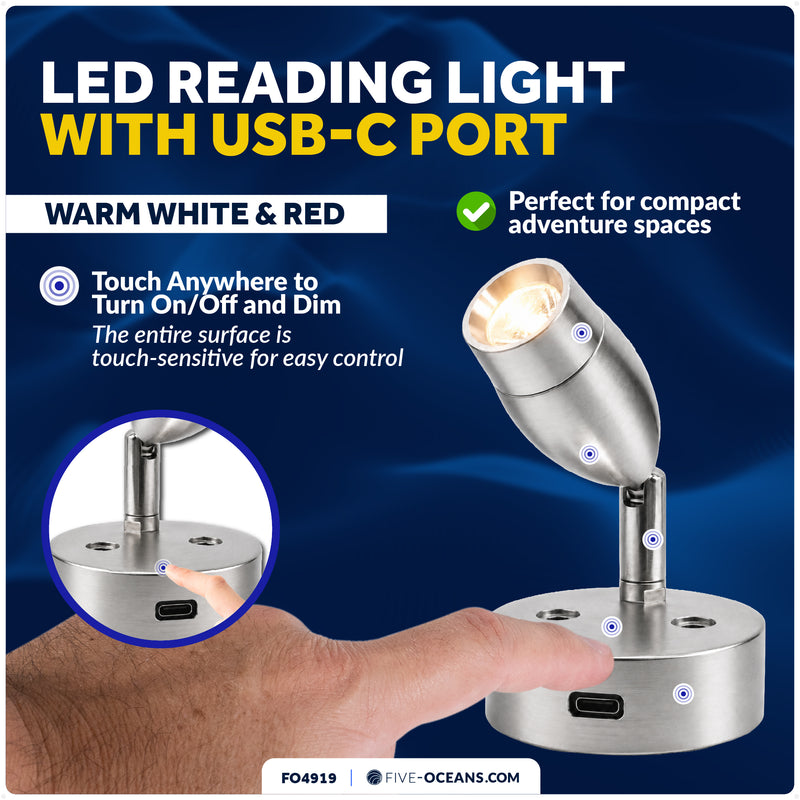 LED Reading Light with USB-C Port, Touch Dimmer, Warm White & Red, Aluminum Housing, 200 LM, 10-28V DC