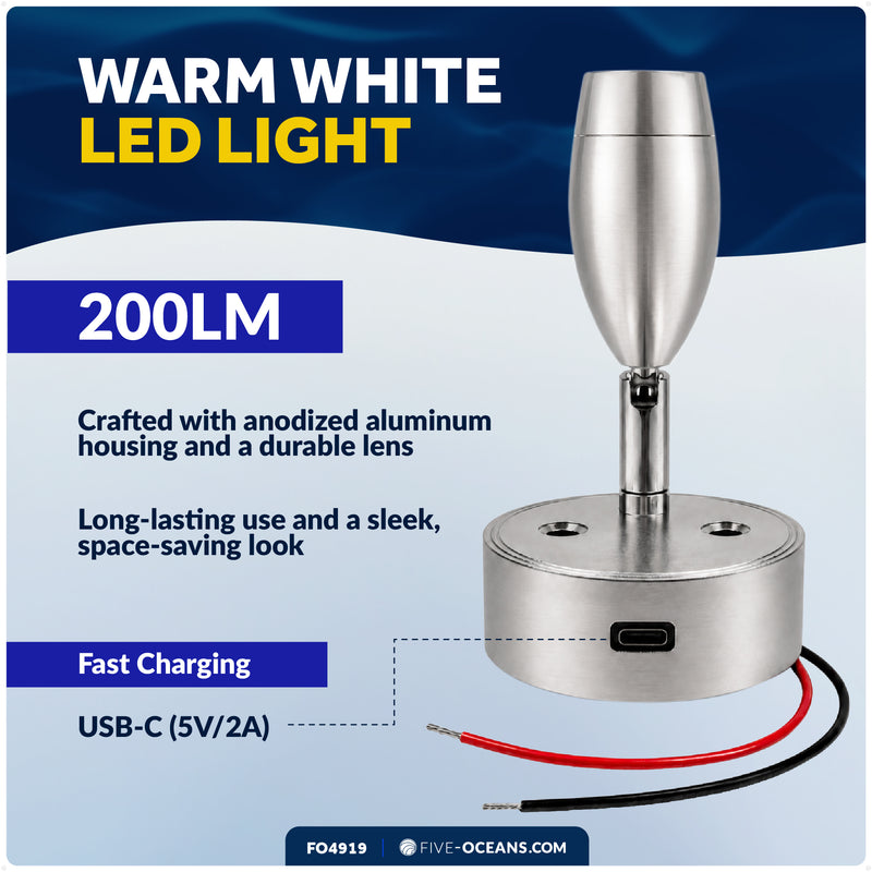 LED Reading Light with USB-C Port, Touch Dimmer, Warm White & Red, Aluminum Housing, 200 LM, 10-28V DC