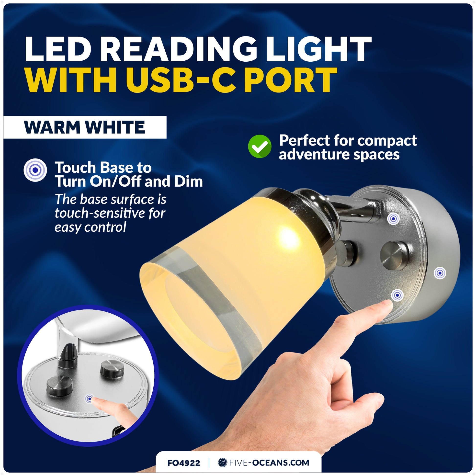 LED Reading Light with USB-C, Touch Dimmer, Warm White, Aluminum & Acrylic Housing, 200 LM, 10-28V DC - FO4922 - Five Oceans