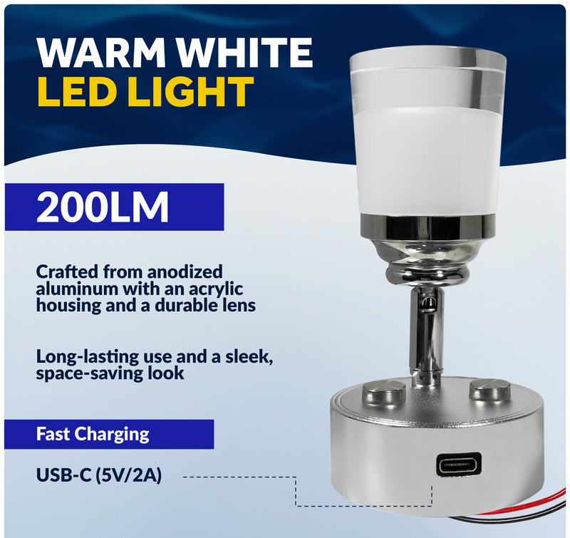 LED Reading Light with USB-C, Touch Dimmer, Aluminum & Acrylic Housing, 200 LM, 10-28V DC