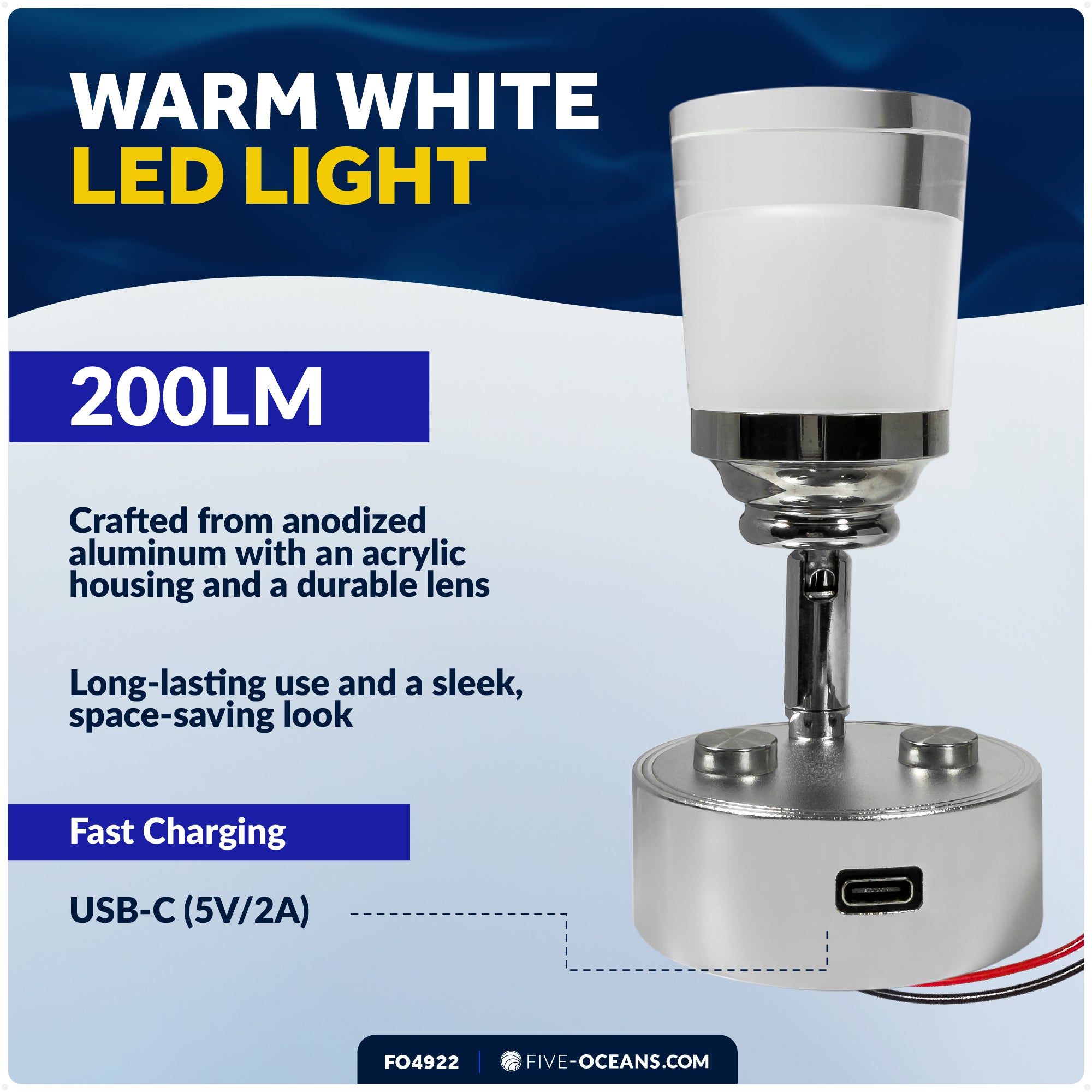LED Reading Light with USB-C, Touch Dimmer, Warm White, Aluminum & Acrylic Housing, 200 LM, 10-28V DC - FO4922 - Five Oceans