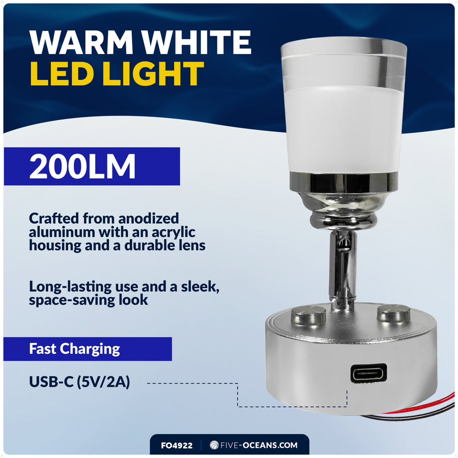 LED Reading Light with USB-C, Touch Dimmer, Warm White, Aluminum & Acrylic Housing, 200 LM, 10-28V DC - FO4922 - Five Oceans