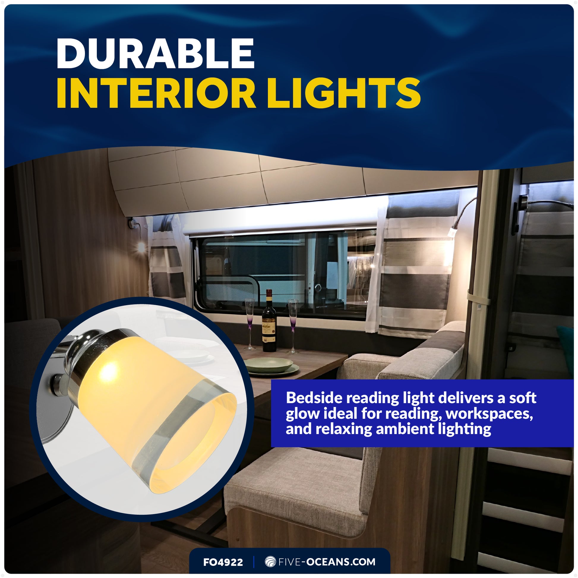 LED Reading Light with USB-C, Touch Dimmer, Warm White, Aluminum & Acrylic Housing, 200 LM, 10-28V DC - FO4922 - Five Oceans