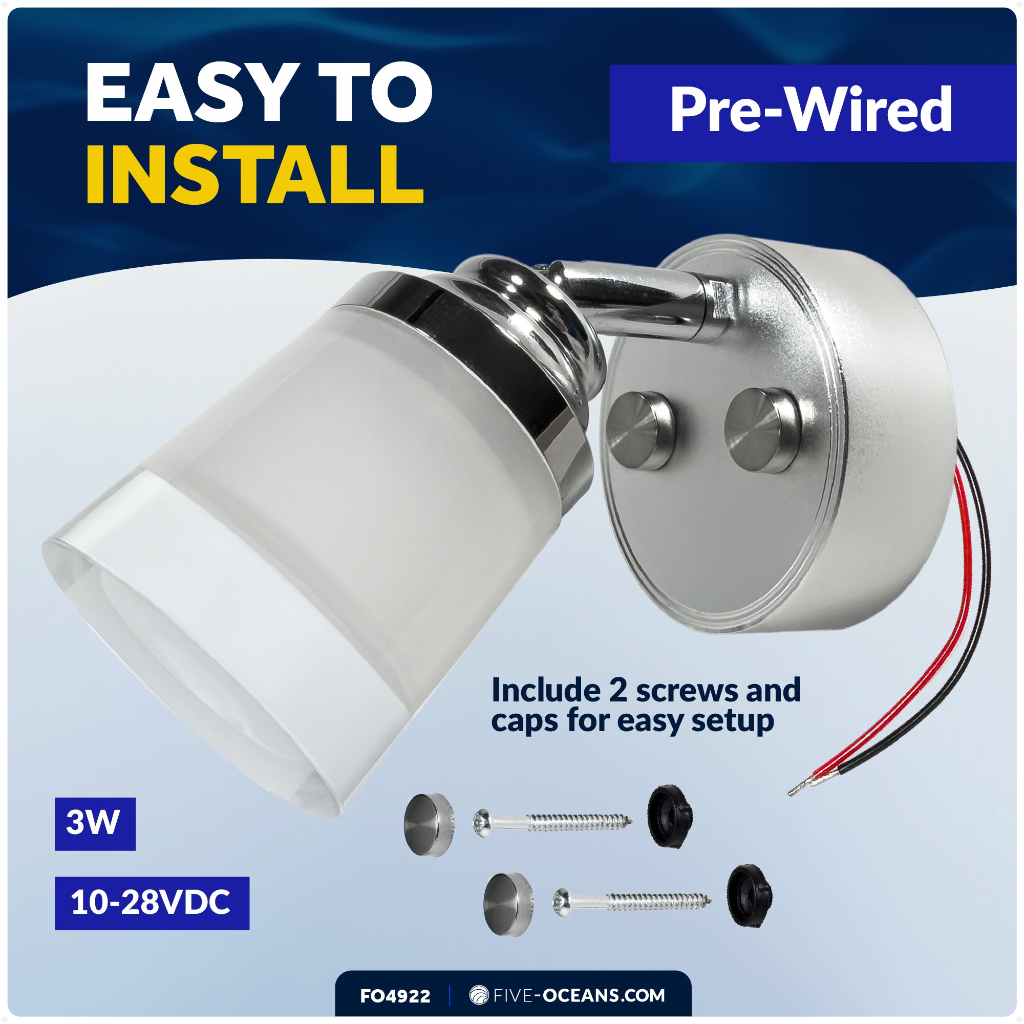 LED Reading Light with USB-C, Touch Dimmer, Warm White, Aluminum & Acrylic Housing, 200 LM, 10-28V DC - FO4922 - Five Oceans