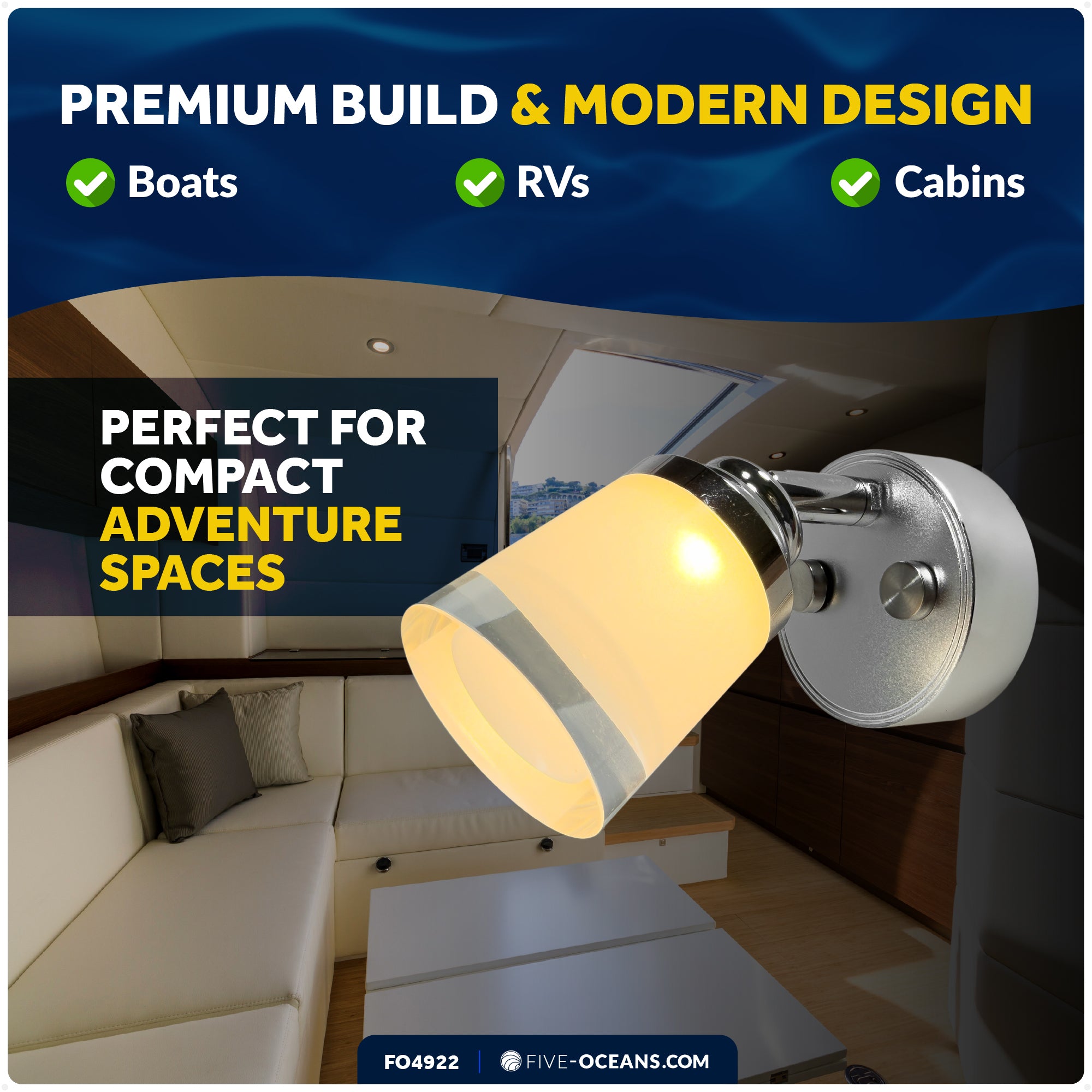 LED Reading Light with USB-C, Touch Dimmer, Warm White, Aluminum & Acrylic Housing, 200 LM, 10-28V DC - FO4922 - Five Oceans