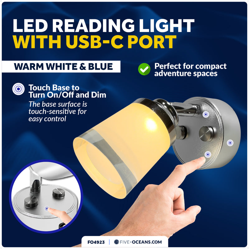 LED Reading Light with USB-C, Touch Dimmer, Warm White & Blue, Aluminum & Acrylic Housing, 200 LM, 10-28V DC