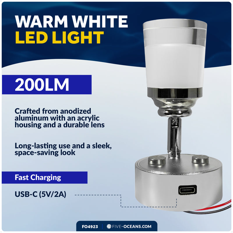 LED Reading Light with USB-C, Touch Dimmer, Warm White & Blue, Aluminum & Acrylic Housing, 200 LM, 10-28V DC