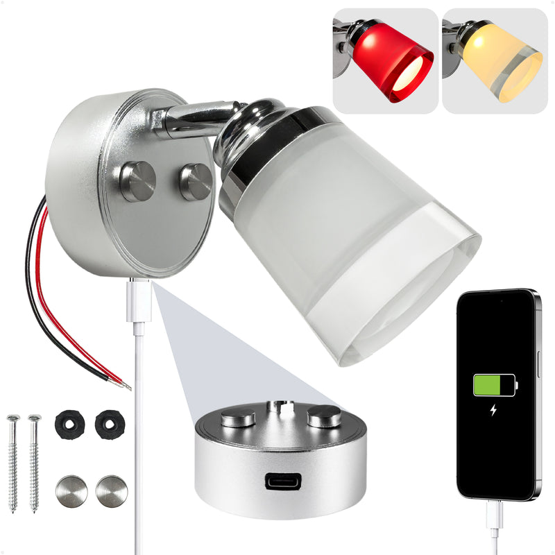 LED Reading Light with USB-C, Touch Dimmer, Warm White & Red, Aluminum & Acrylic Housing, 200 LM, 10-28V DC
