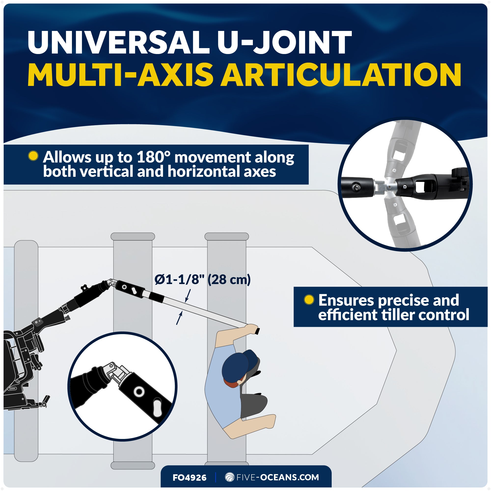 Universal U-Joint Telescopic Tiller Extension Handle, Extend from 36" - 53"- FO4926 - Five Oceans