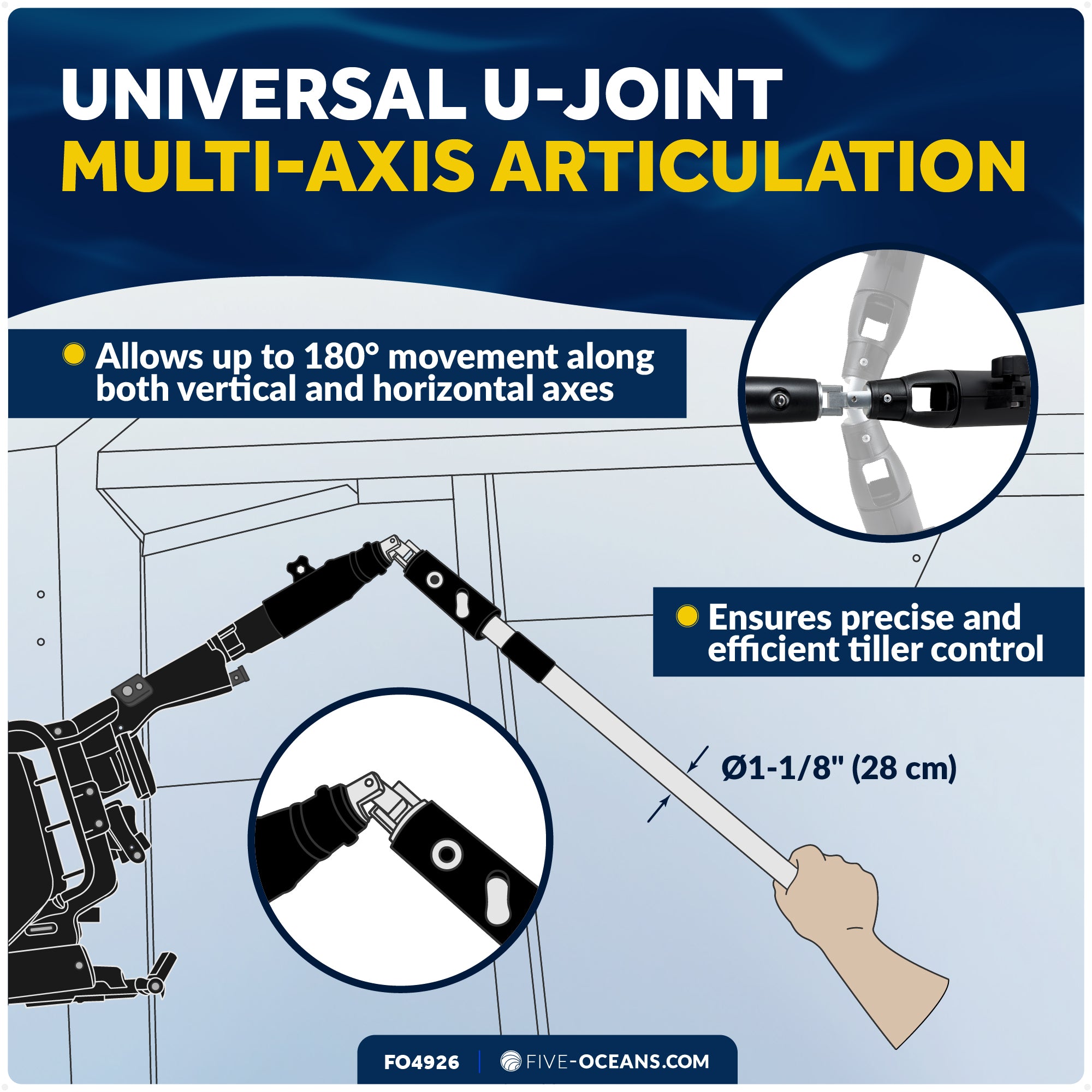 Universal U-Joint Telescopic Tiller Extension Handle, Extend from 36" - 53"- FO4926 - Five Oceans