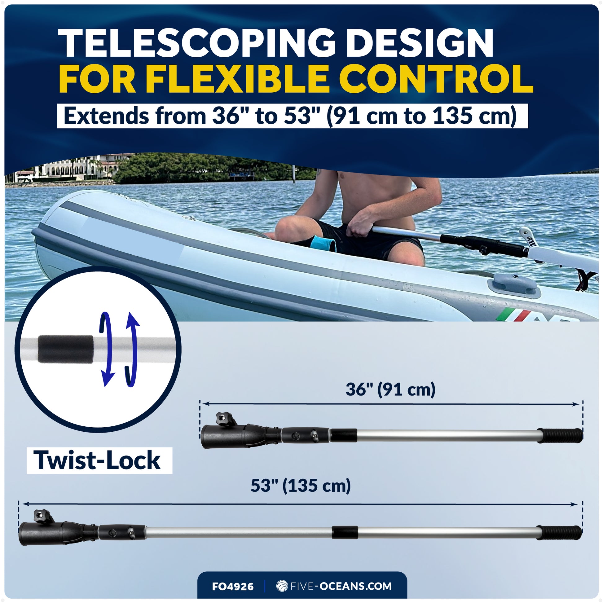 Universal U-Joint Telescopic Tiller Extension Handle, Extend from 36" - 53"- FO4926 - Five Oceans