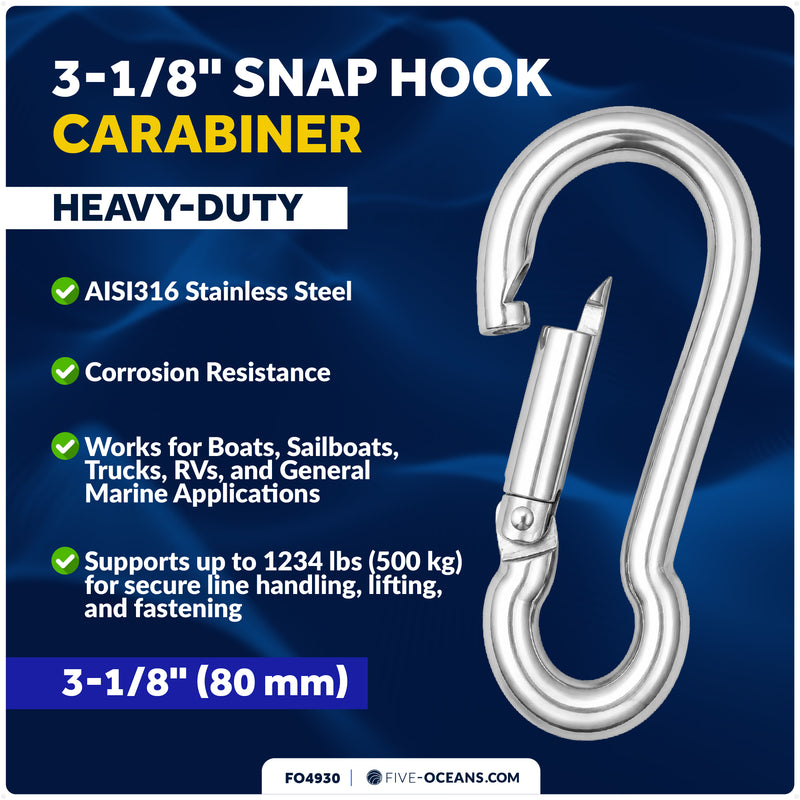 3-1/8" Snap Hook Carabiner, AISI316 Stainless Steel