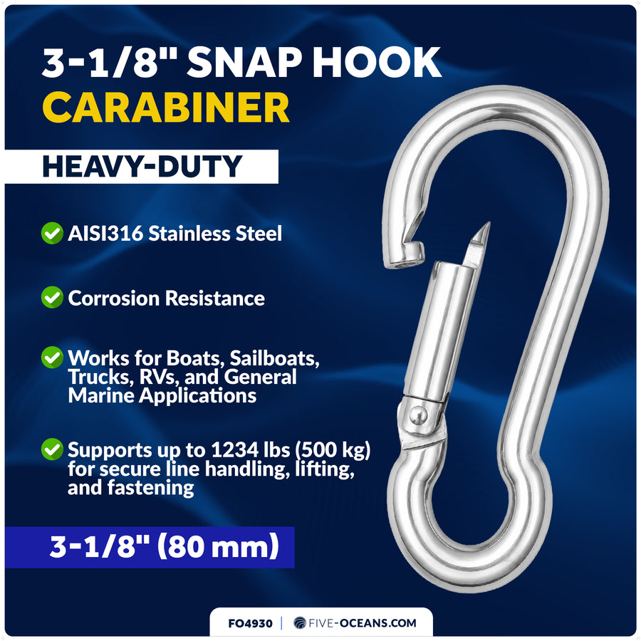 3-1/8" Snap Hook Carabiner, AISI316 Stainless Steel - Five Oceans