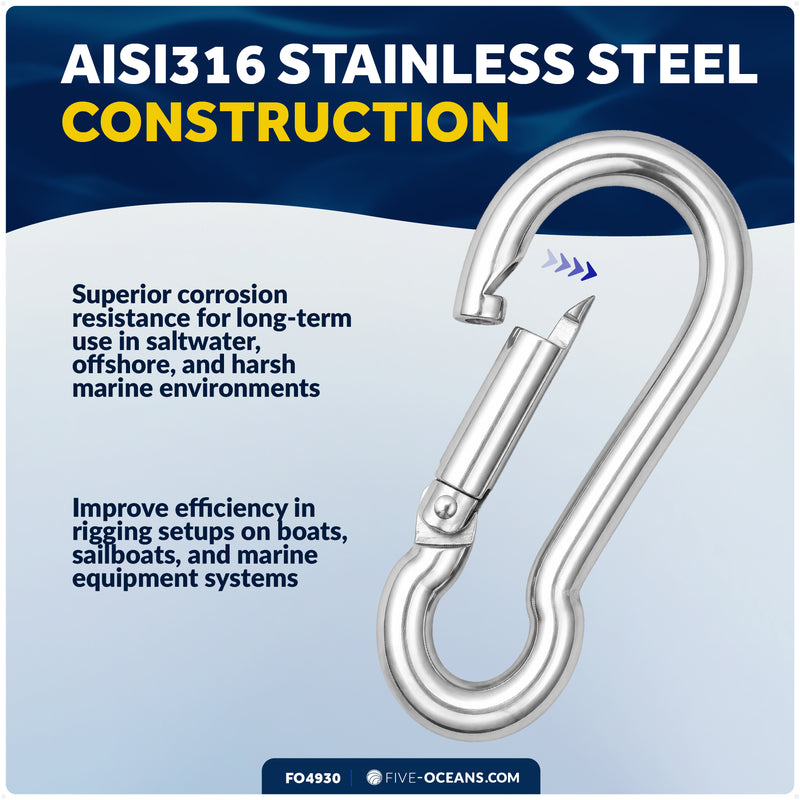 3-1/8" Snap Hook Carabiner, AISI316 Stainless Steel