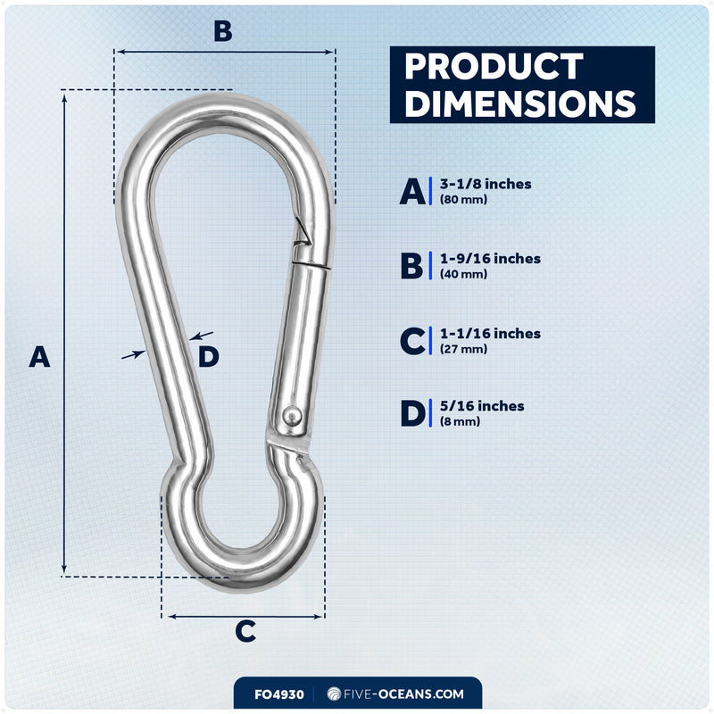 3-1/8" Snap Hook Carabiner, AISI316 Stainless Steel