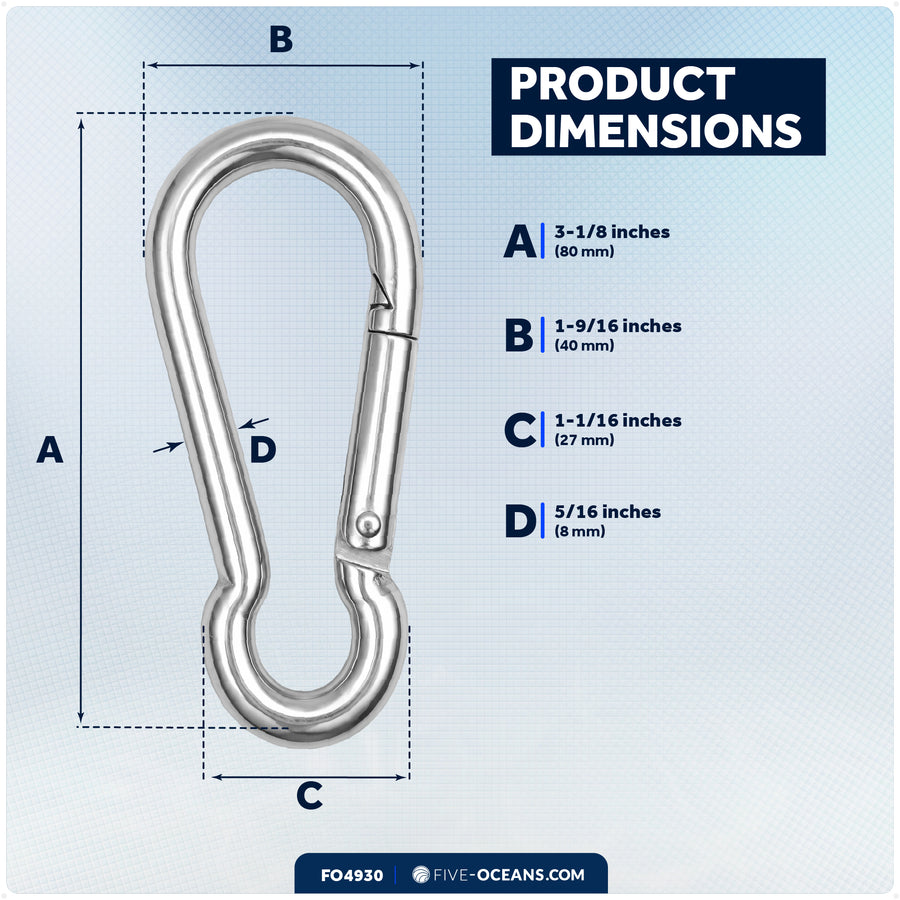 3-1/8" Snap Hook Carabiner, AISI316 Stainless Steel - Five Oceans