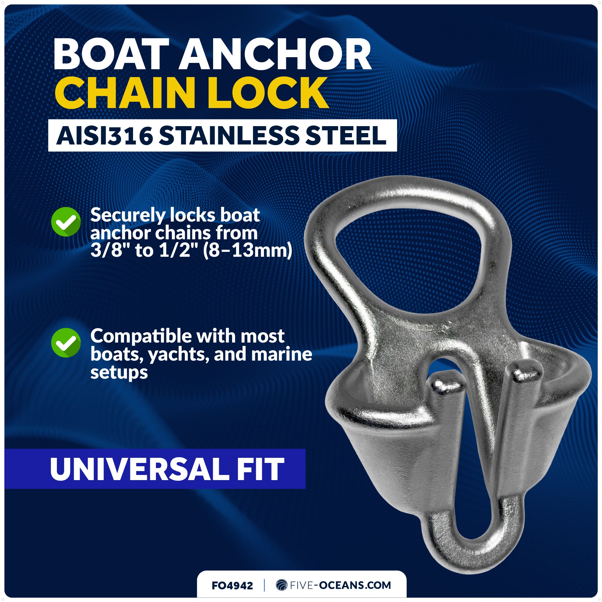 Boat Anchor Chain Lock - AISI316 Stainless Steel, Marine-Grade, Fits 3/8" to 1/2" (8-13mm) Chains - FO4942