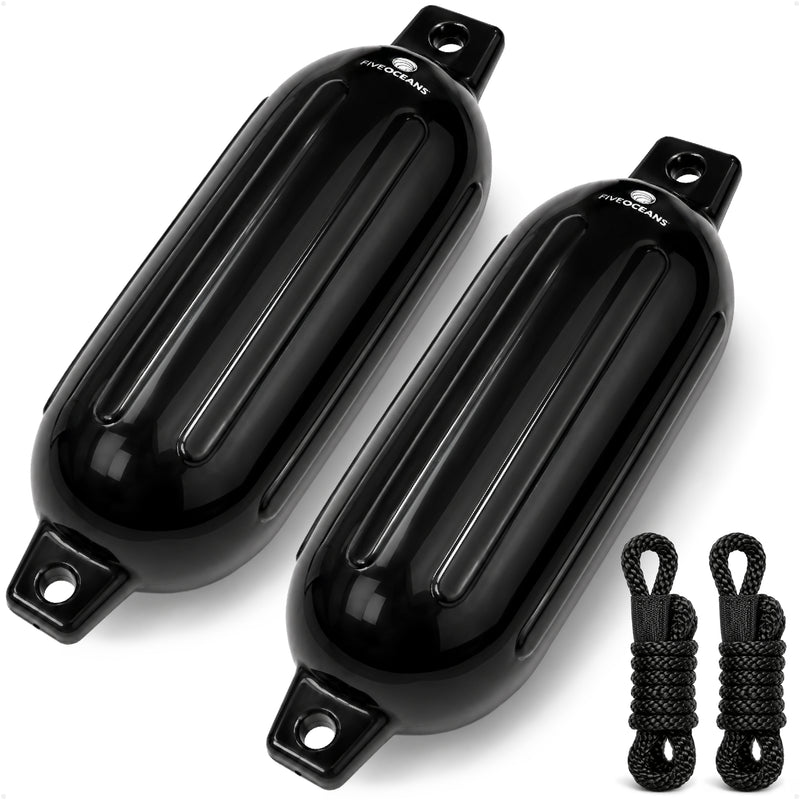 6.5" x 23" Inflatable Ribbed Boat Fenders, Black, 2-Pack