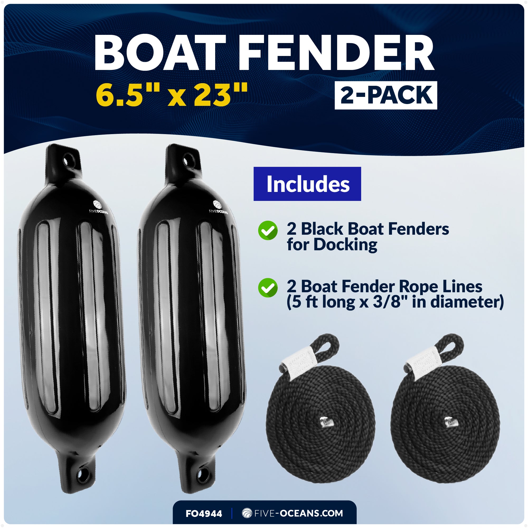 Twin Eye Ribbed Boat Fenders 6.5 x 23-Inch, Black, 2-Pack - FO4944