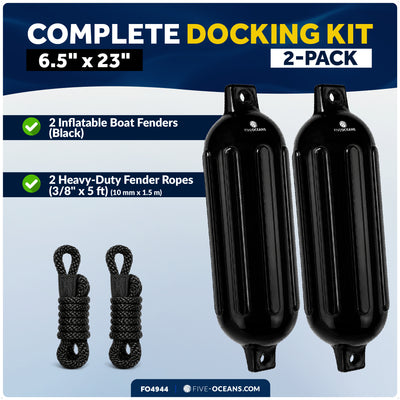 6.5" x 23" Inflatable Ribbed Boat Fenders, Black, 2-Pack