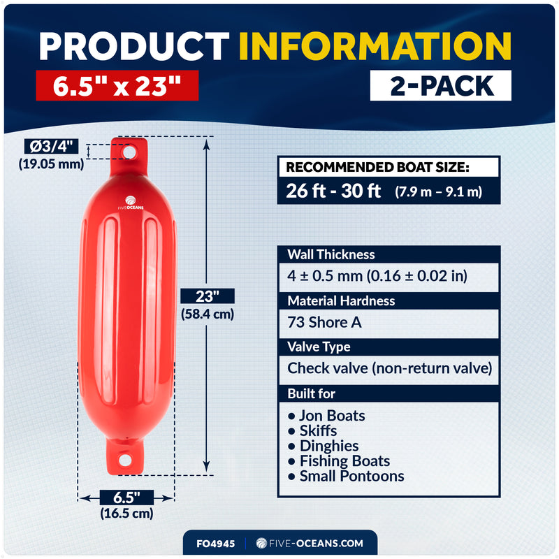 6.5" x 23" Inflatable Ribbed Fenders, Red, 2-Pack
