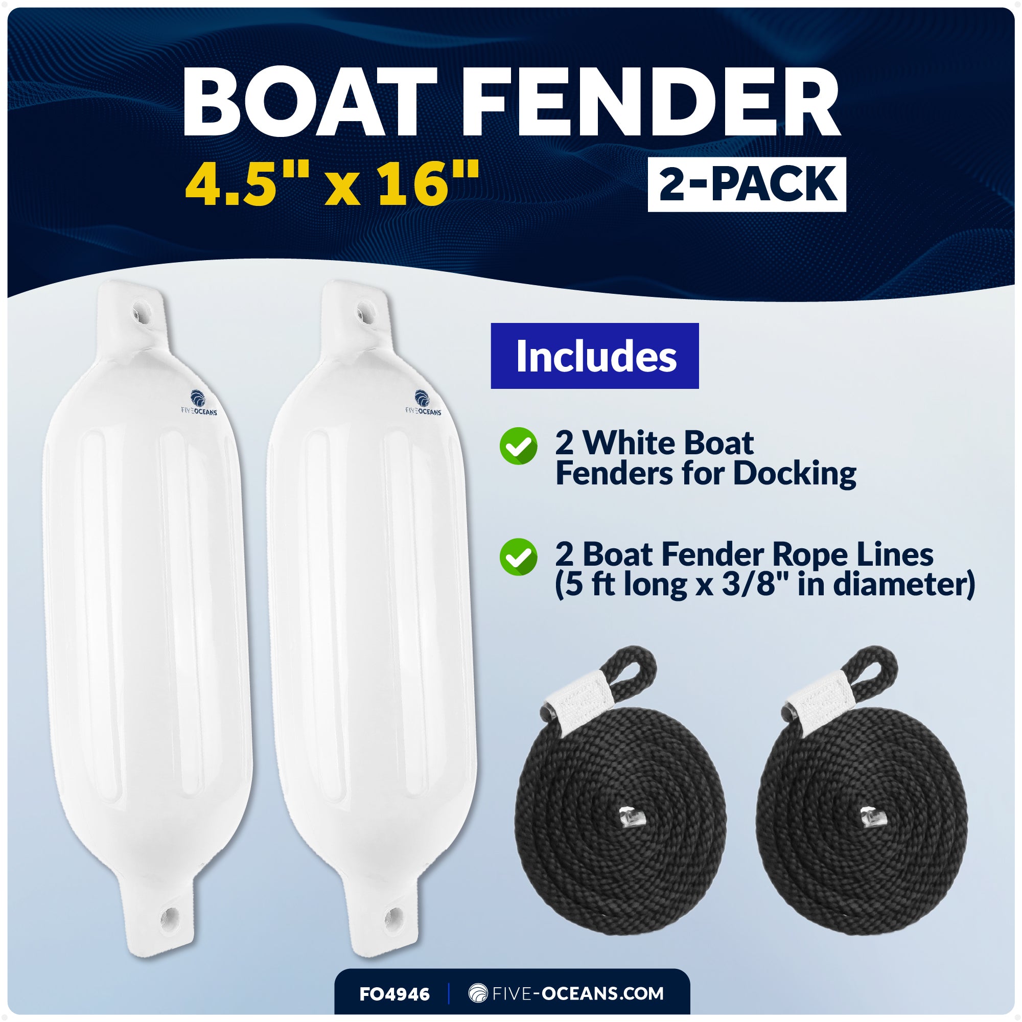 Twin Eye Ribbed Boat Fenders 4.5 x 16-Inch, White, 2-Pack - FO4946