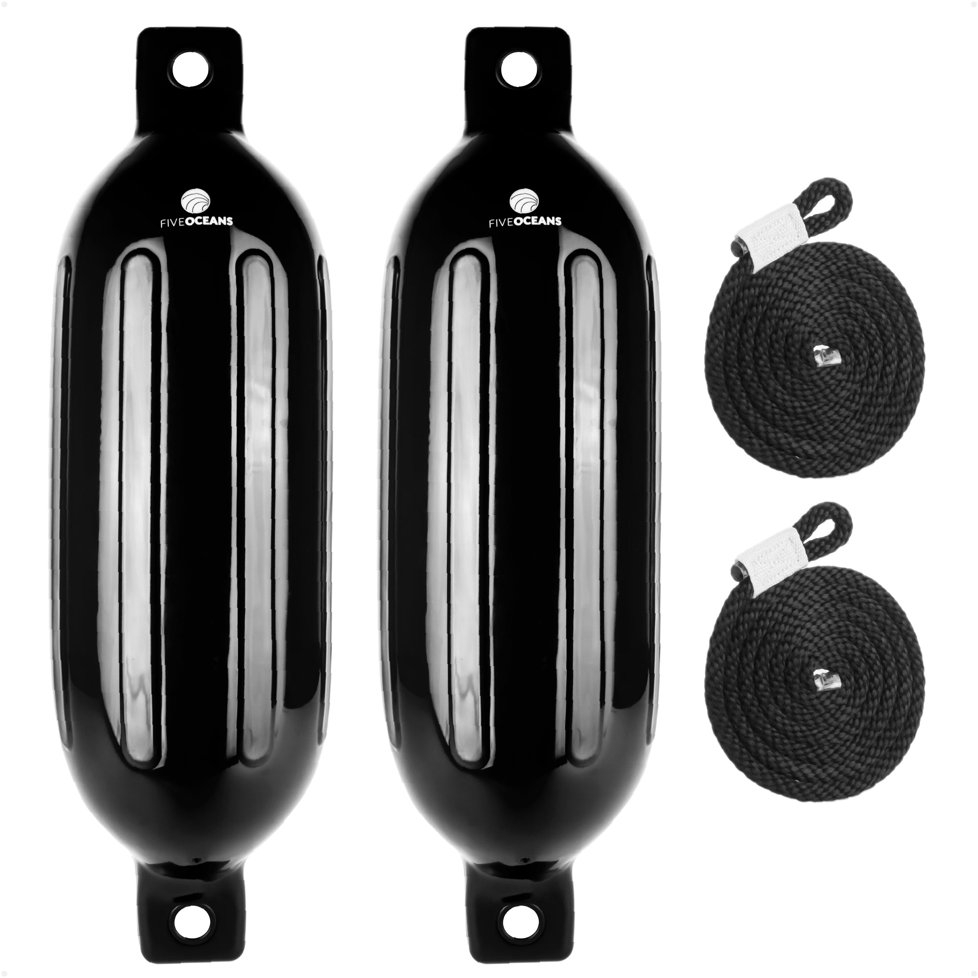 Twin Eye Ribbed Boat Fenders 4.5 x 16-Inch, Black, 2-Pack - FO4948