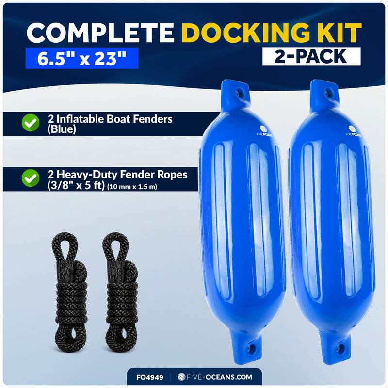 6.5" x 23" Inflatable Ribbed Boat Fenders, Blue, 2-Pack